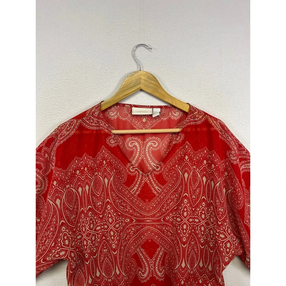 Chico's Boho Paisley Peplum Women L Red Kimono Sleeve V-Neck Chiffon Blouse